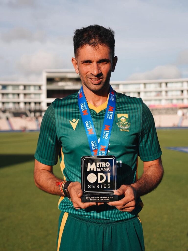 Keshav Maharaj celebrating a wicket during a South Africa Test match