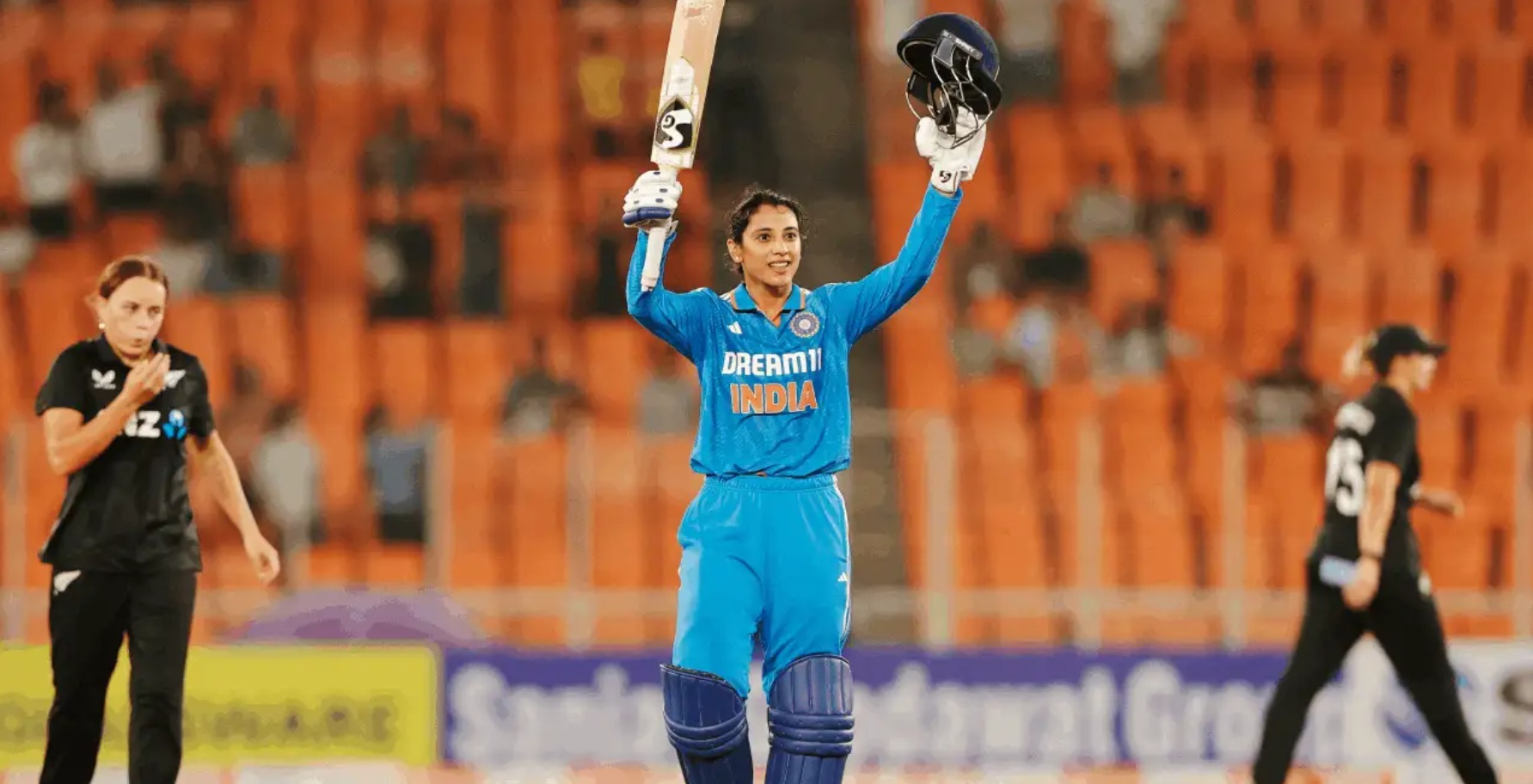 Indian women cricket players celebrating a wicket against New Zealand in an international match
