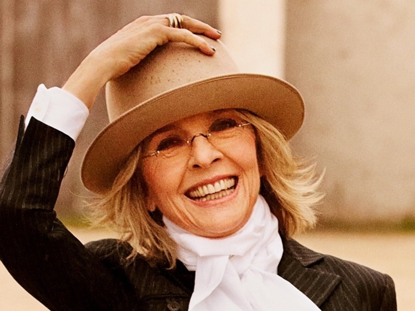 Diane Keaton, timeless Hollywood star, in her signature menswear-inspired outfit.