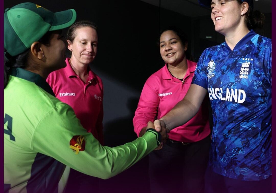 England Women cricket team players celebrate during rain-affected match against Pakistan Women in ICC World Cup 2025.