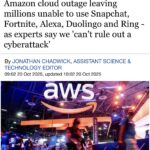 A news headline screenshot from The New York Times dated October 20, 2025, reading 'Amazon’s AWS Disruption Creates Outages for Hundreds of Websites for Hours.' The background shows a blurred image of the AWS pavilion at a trade fair in Hanover, Germany, with blue and white branding. Red error icons and outage alerts overlay the screen, symbolizing widespread internet disruptions affecting services like Snapchat, Venmo, and United Airlines due to a network issue in AWS's US-EAST-1 data center in Northern Virginia