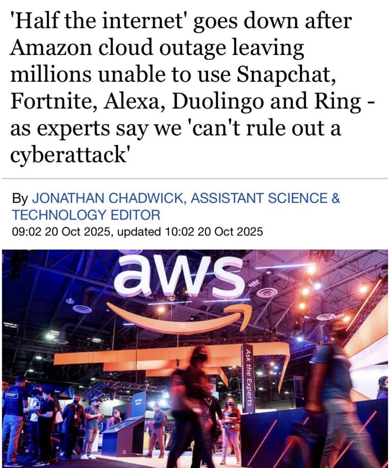 A news headline screenshot from The New York Times dated October 20, 2025, reading 'Amazon’s AWS Disruption Creates Outages for Hundreds of Websites for Hours.' The background shows a blurred image of the AWS pavilion at a trade fair in Hanover, Germany, with blue and white branding. Red error icons and outage alerts overlay the screen, symbolizing widespread internet disruptions affecting services like Snapchat, Venmo, and United Airlines due to a network issue in AWS's US-EAST-1 data center in Northern Virginia
