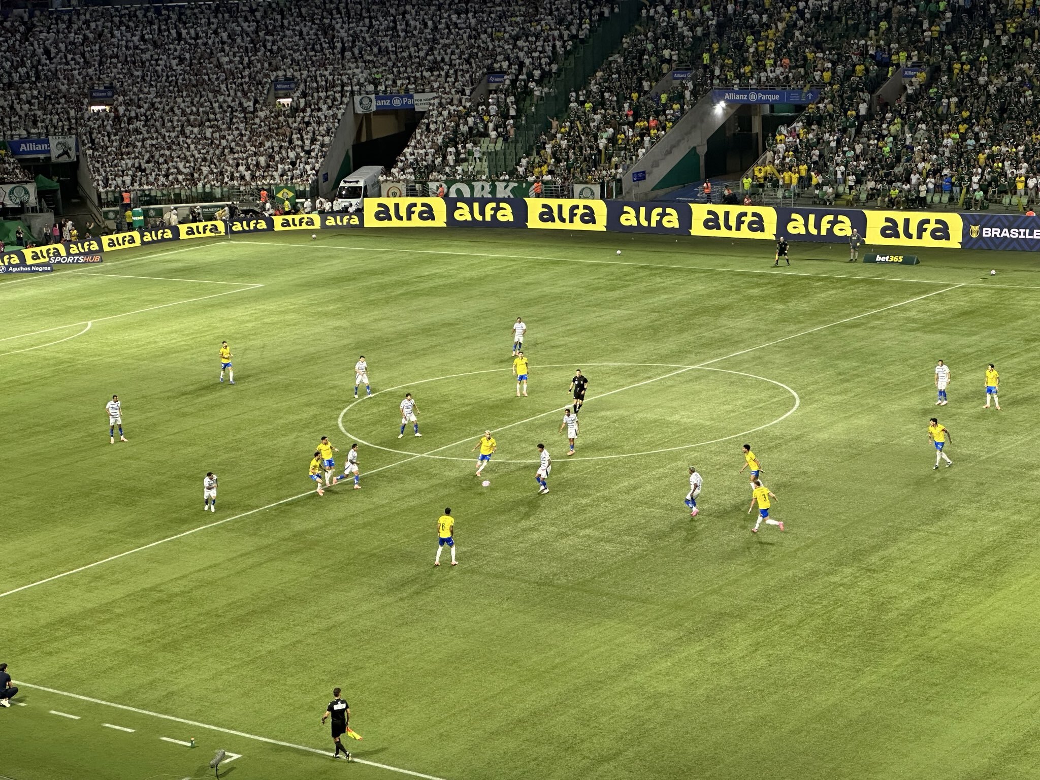 Packed football stadium with Palmeiras and Cruzeiro fans waving flags during a thrilling match