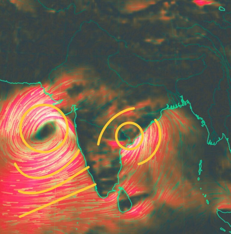 A satellite image showing Severe Cyclone Montha forming over the Bay of Bengal with dense cloud bands and spiraling winds approaching the Indian coastline