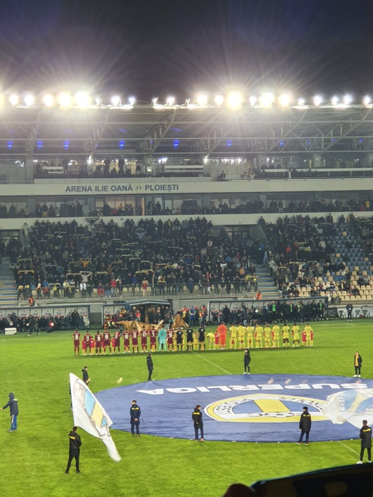 Petrolul vs CFR Cluj players battling for the ball during a Romanian Liga I football match