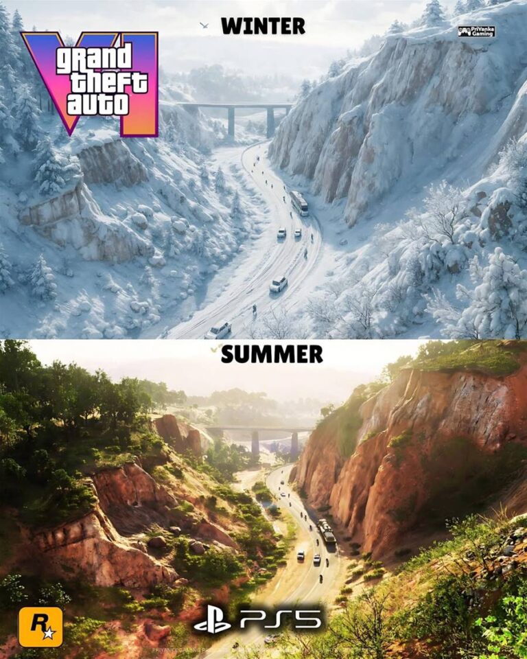 GTA 6 Release Updates gameplay screenshot; GTA 6 Release Updates character art; GTA 6 Release Updates trailer still.