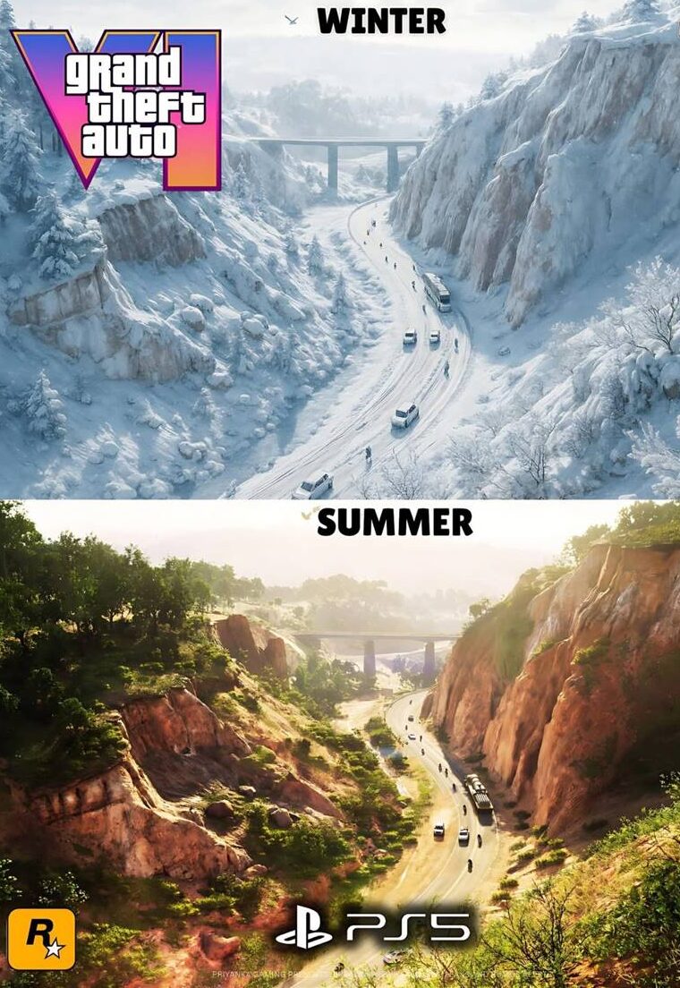 GTA 6 Release Updates gameplay screenshot; GTA 6 Release Updates character art; GTA 6 Release Updates trailer still.