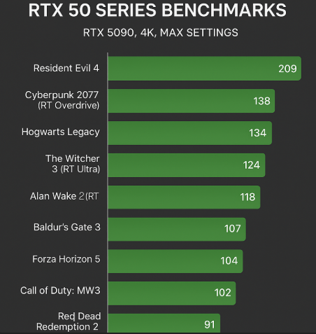 RTX 50 Series Benchmarks 5090 4K chart; RTX 50 Series Benchmarks 5080 raster test; RTX 50 Series Benchmarks efficiency graph.