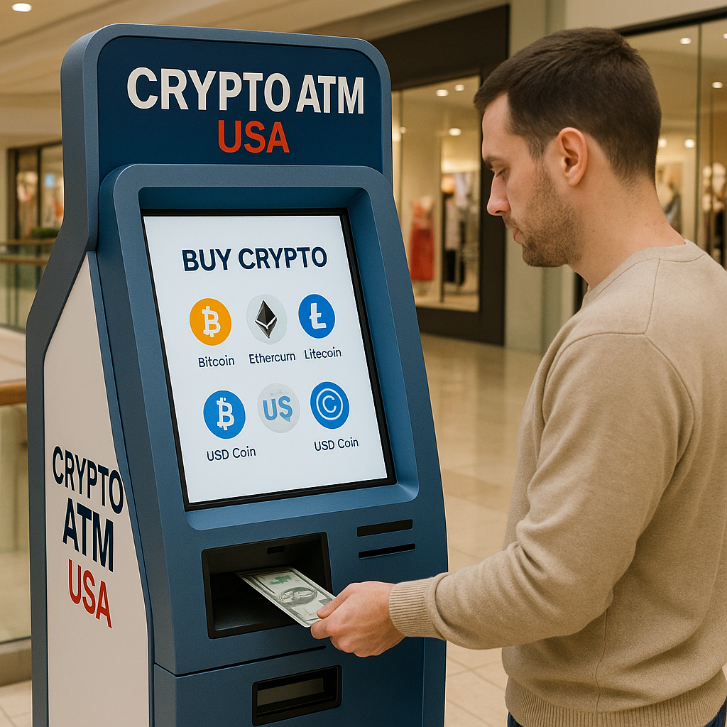 Every image will naturally include “crypto ATM USA” (example: “User inserting cash at crypto ATM USA in LA mall kiosk”)