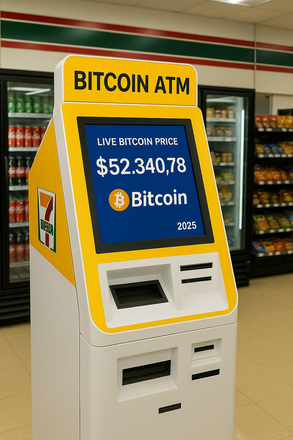 itcoin ATM locations USA – real machine inside 7-Eleven store with live Bitcoin price screen 2025