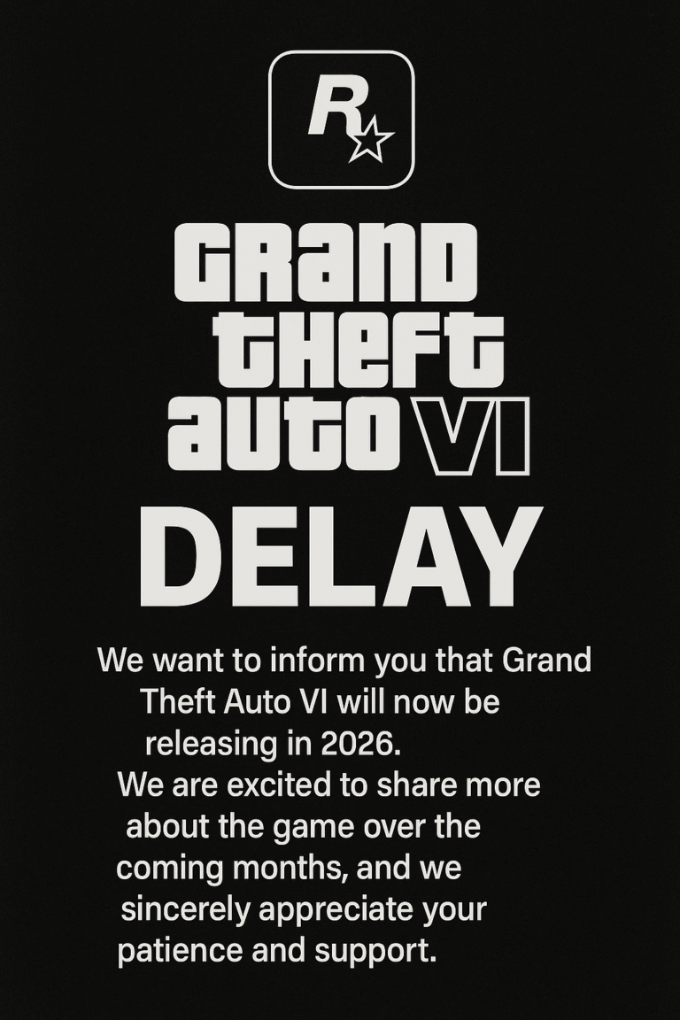 GTA 6 Delay announcement graphic showing Rockstar's official update on game postponement.