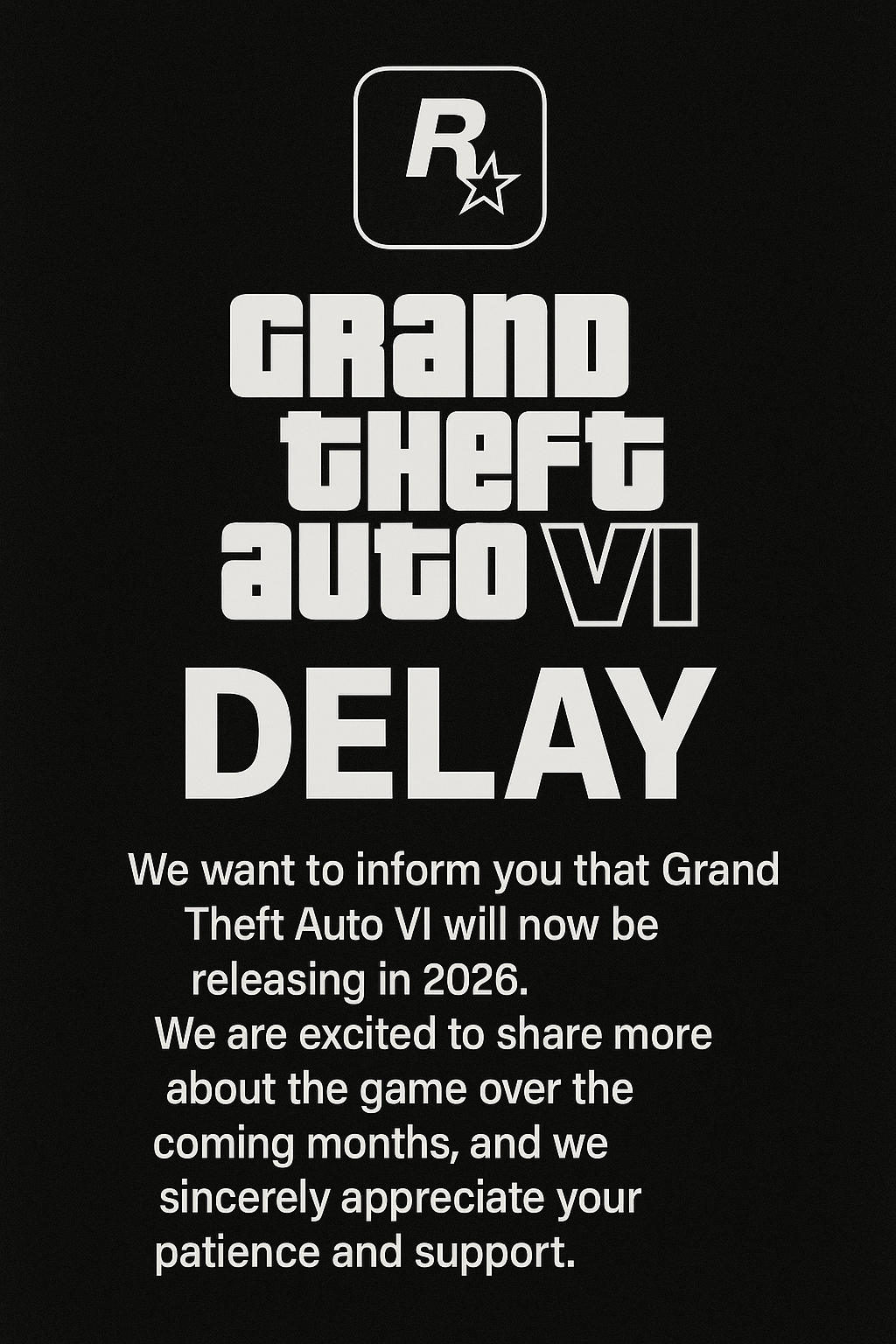 GTA 6 Delay announcement graphic showing Rockstar's official update on game postponement.